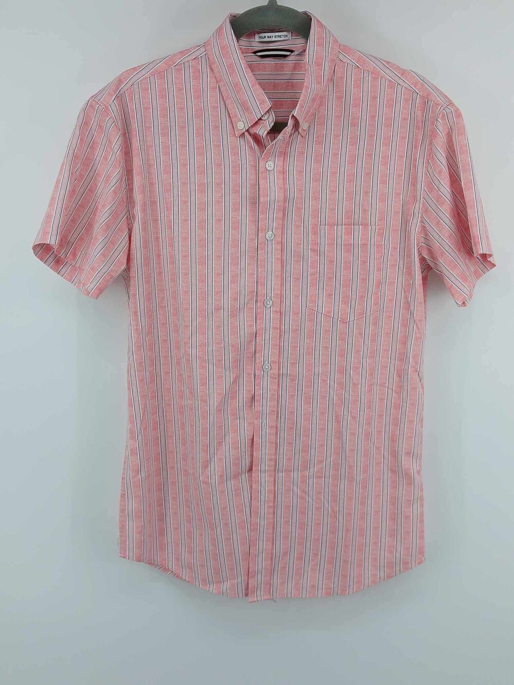 Pink short sleeve button-down shirt, striped pattern, Four Way Stretch brand